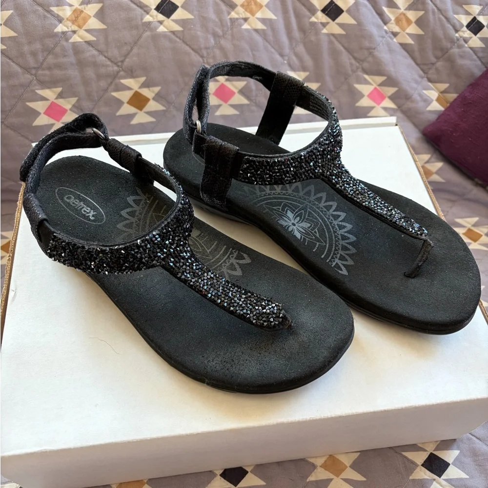 Aetrex Black Jeweled T-Strap Sandals